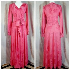 Zara pink floral jacquard bishop-sleeve wrap maxi dress, M, EUC